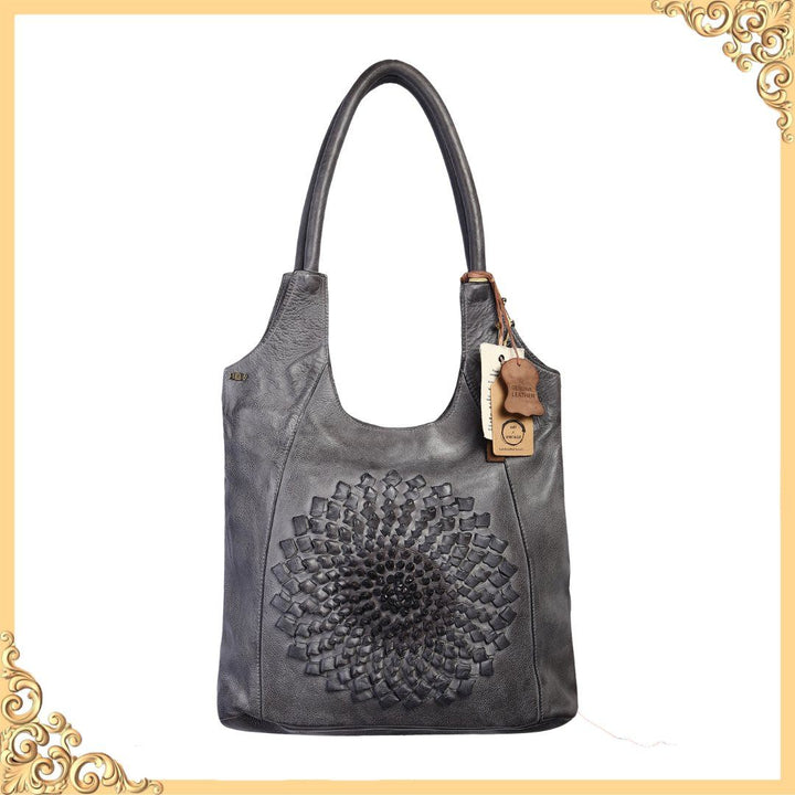 Glory Designer Bag: Grey leather shopper with 3-D ombre flower deatil by Art N Vintage