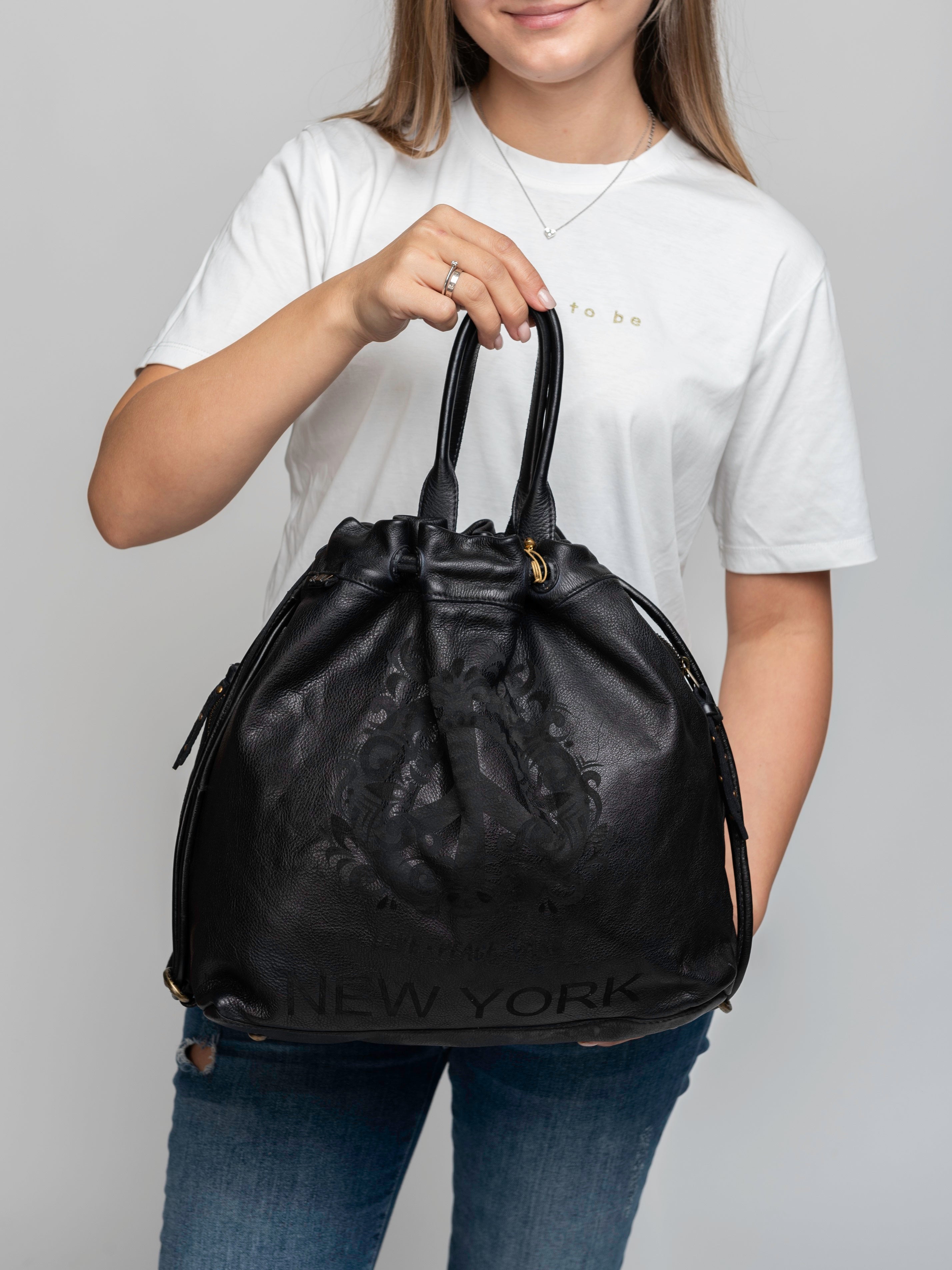 VITIS: Black leather backpack bag by Art N Vintage