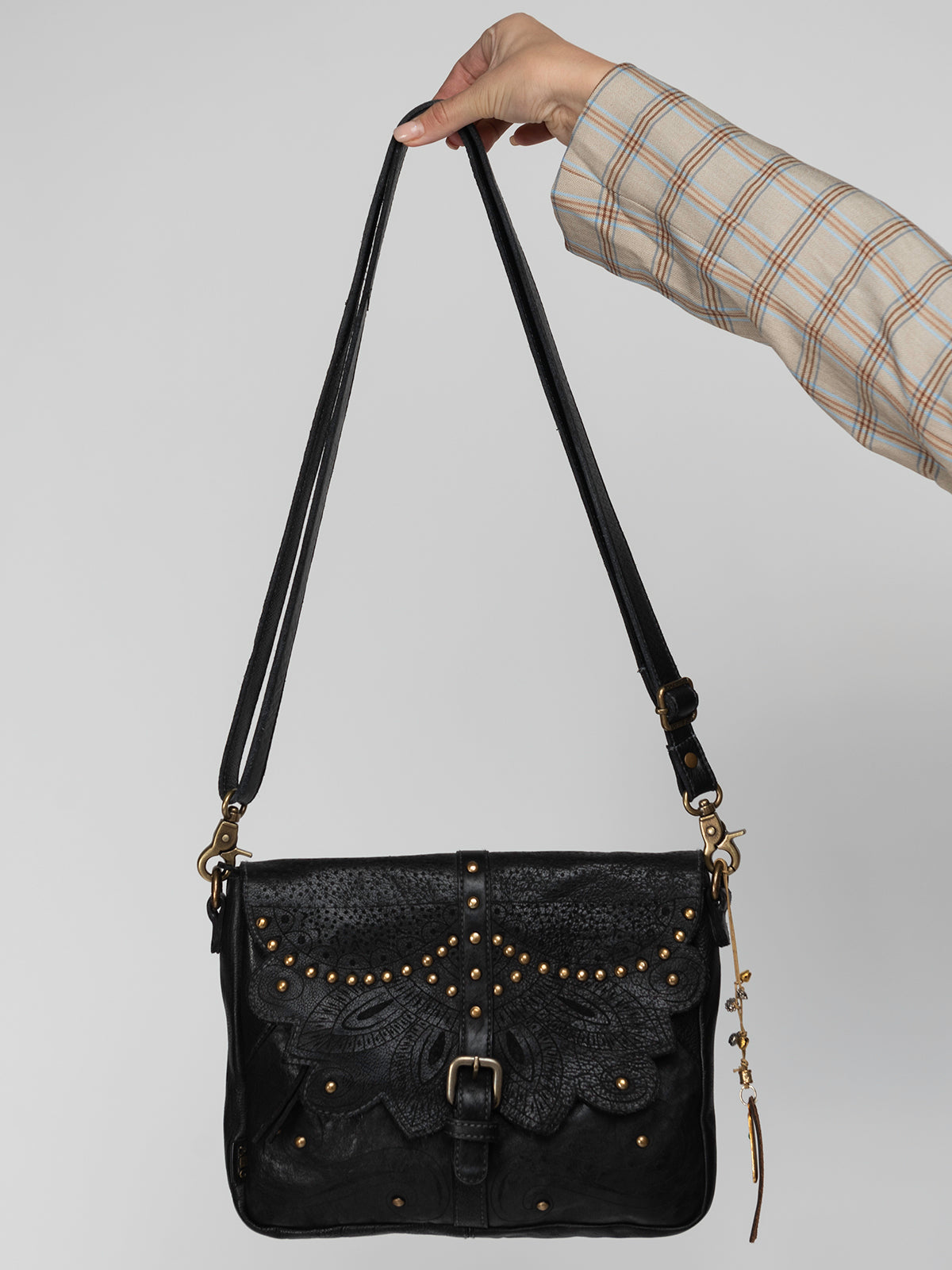 CAROB: Black leather crossbody bag by Art N Vintage