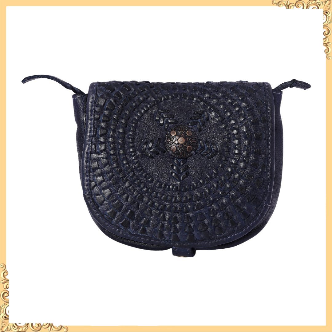 Mudra Designer: bag Blue leather crossbody sling with woven mandala by Art N Vintage
