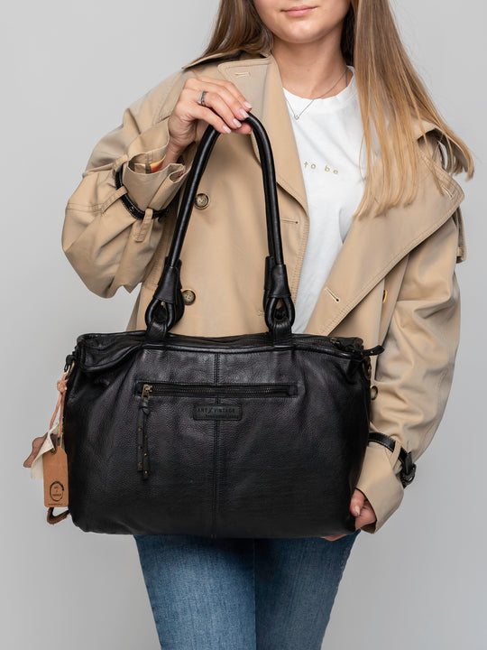 CROWN: Black leather shoulder shopper bag by Art N Vintage