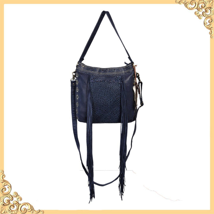 Mages Designer Bag: Navy blue leather woven hobo with metallic embroidery and fringes by Art N Vintage