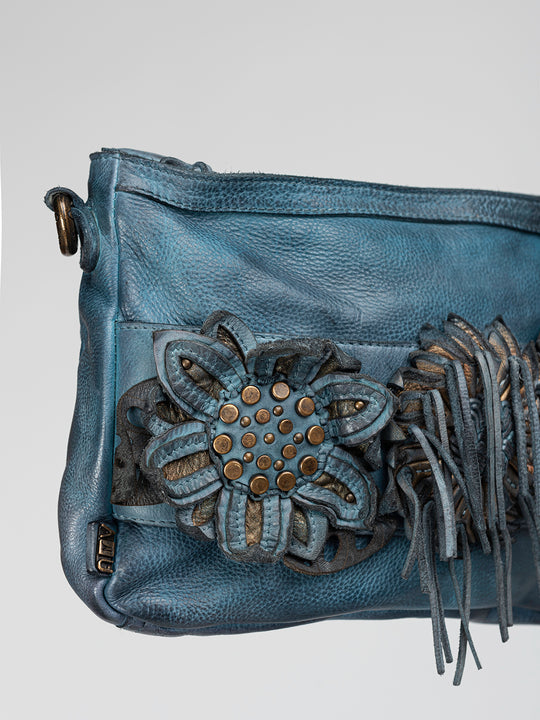 FRESIA: Blue leather handcrafted crossbody by Art N Vintage