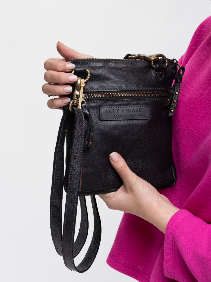 SIMONA: Black leather mini sling bag by Art N Vintage