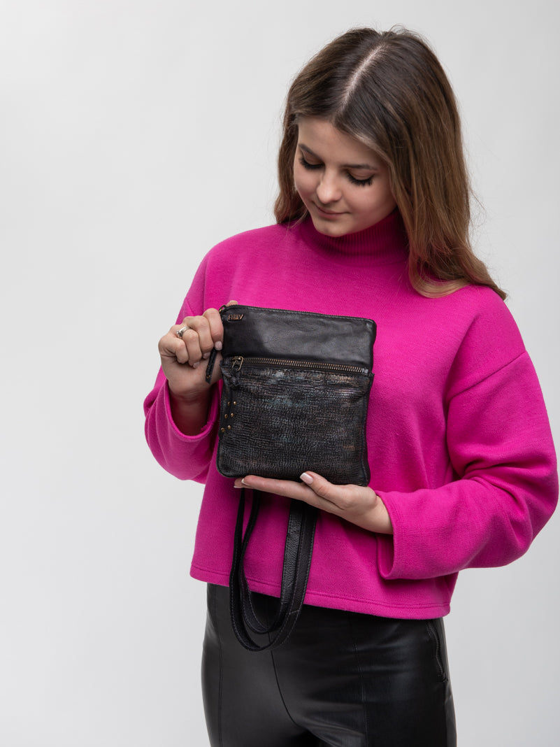 SIMONA: Black leather mini sling bag by Art N Vintage