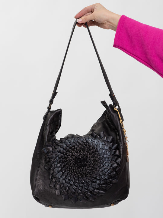 MANDALA: Black leather 3D flower shoulder bag by Art N Vintage