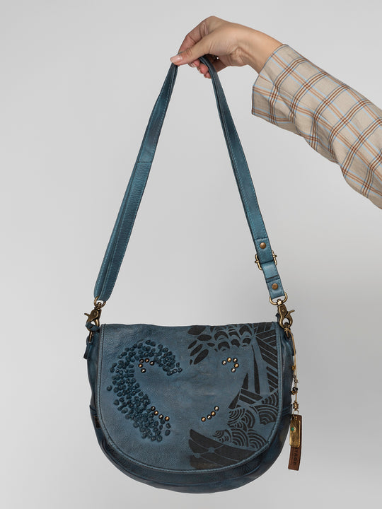 Flora Design Bag: Blue Leather Crossbody Bag By Art N Vintage