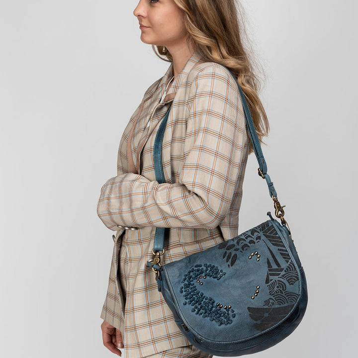 Flora Design Bag: Blue Leather Crossbody Bag By Art N Vintage