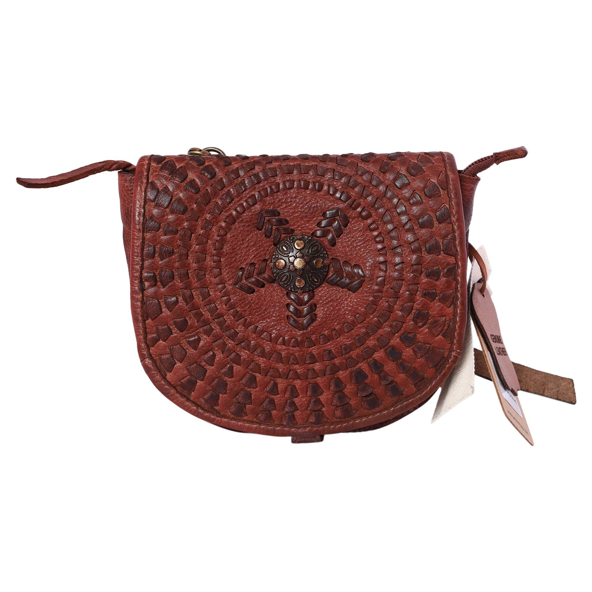 Mudra Designer Bag: Cognac leather small crossbody sling with woven mandala and stud by Art N Vintage