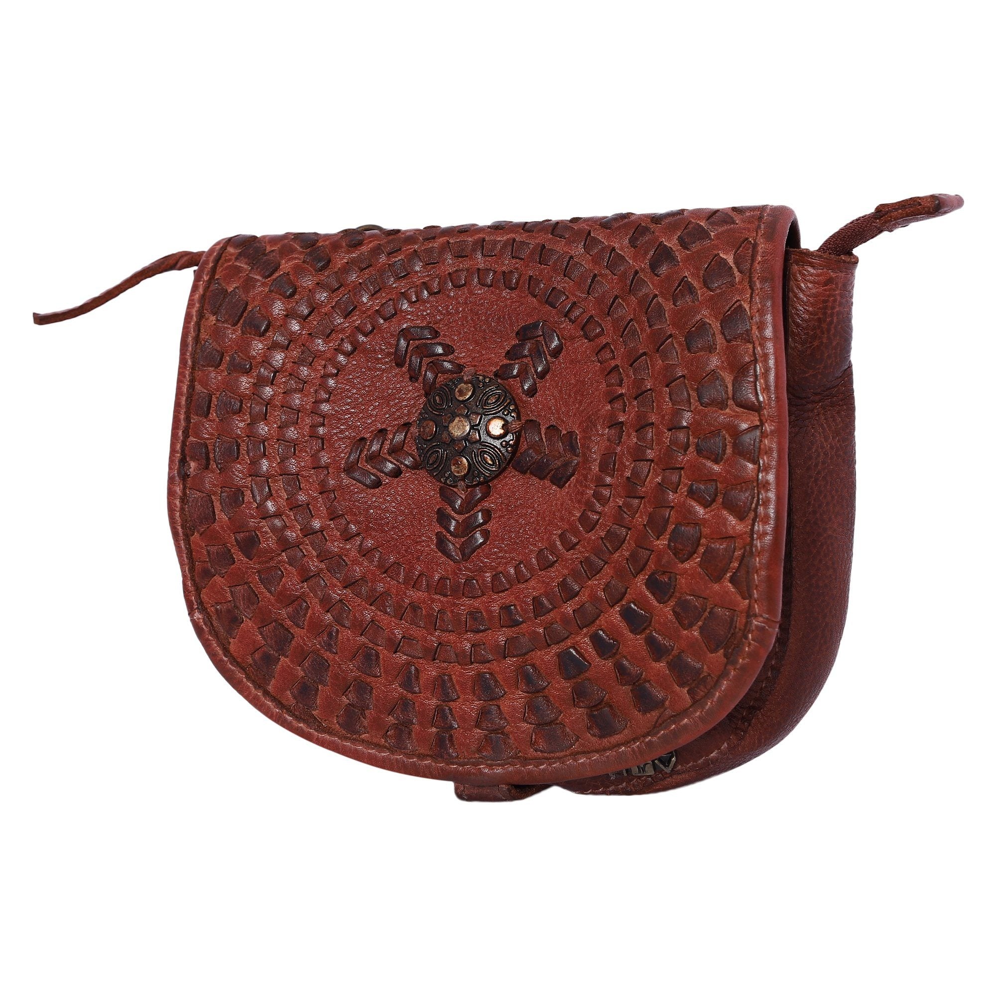 Mudra Designer Bag: Cognac leather small crossbody sling with woven mandala and stud by Art N Vintage