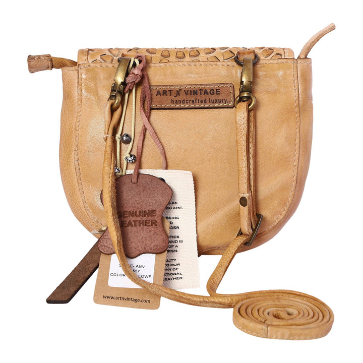 Mudra Designer Bag: Yellow leather crossbody sling with woven mandala by Art N Vintage