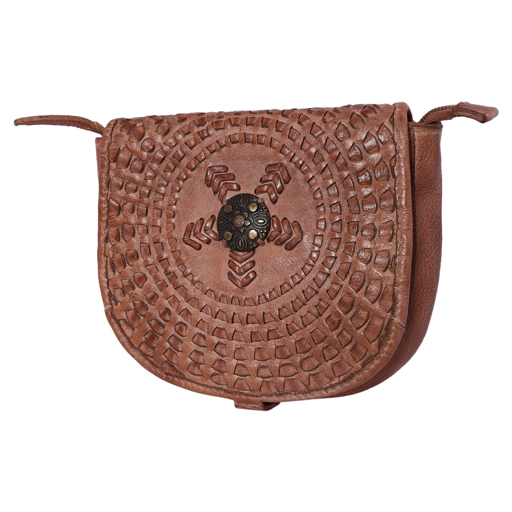 Mudra Designer Bag : Sand leather crossbody sling with woven mandala by Art N Vintage