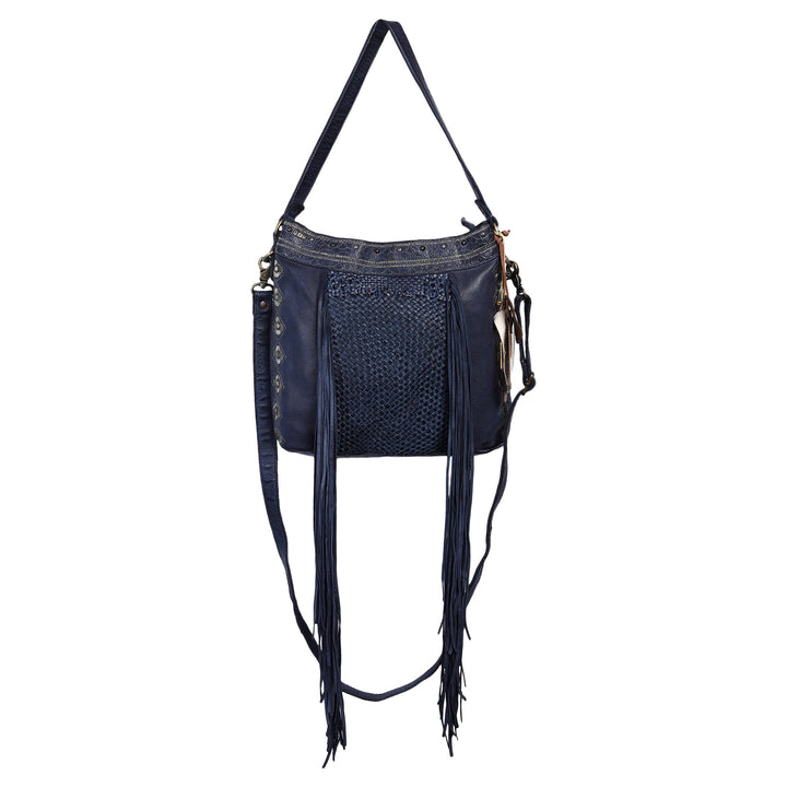 Mages Designer Bag: Navy blue leather woven hobo with metallic embroidery and fringes by Art N Vintage
