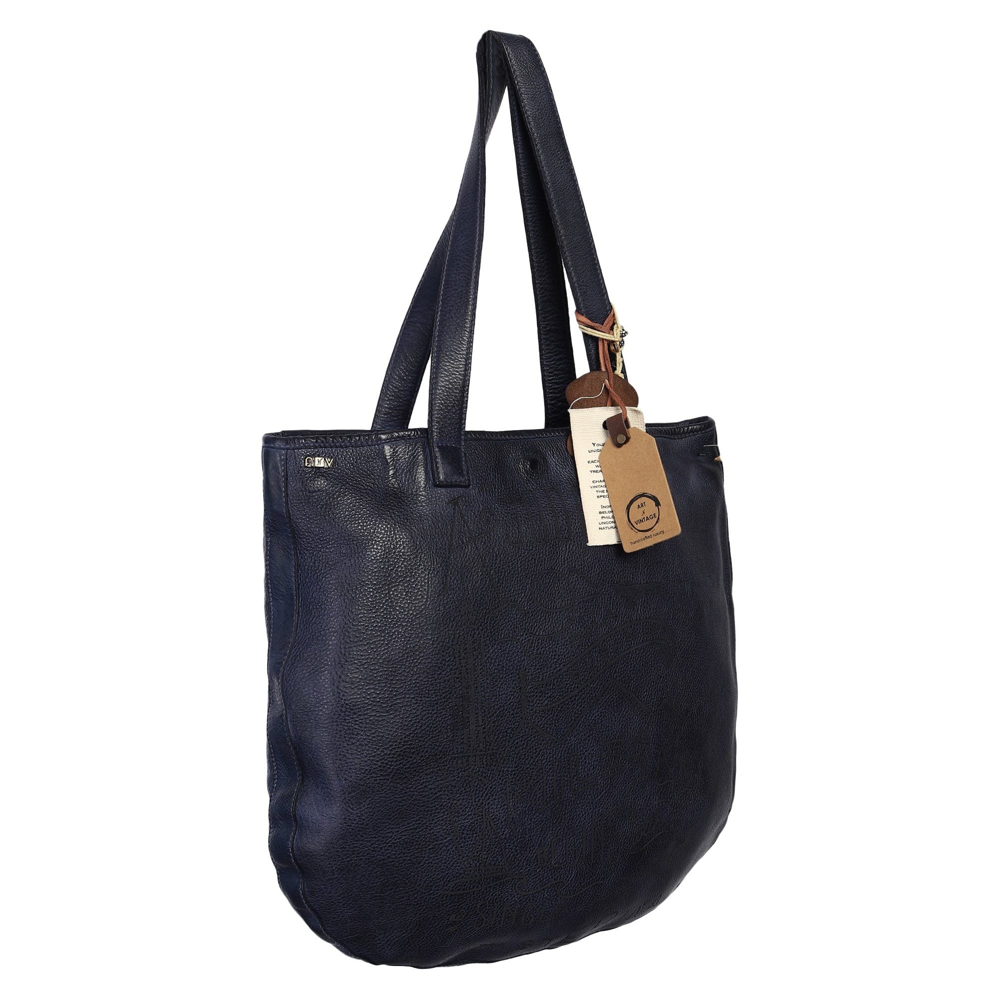 Rhoda Designer Bag: Navy blue leather shopper with lazer quote by Art N Vintage