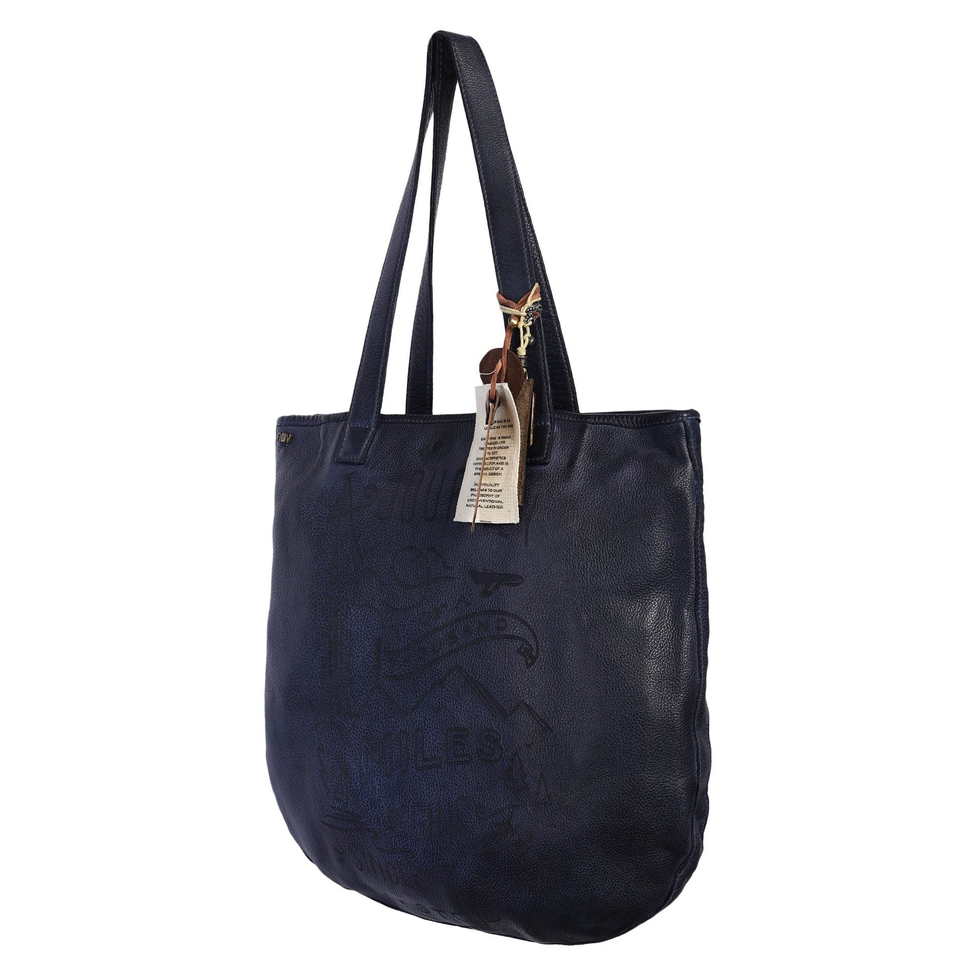 Rhoda Designer Bag: Navy blue leather shopper with lazer quote by Art N Vintage