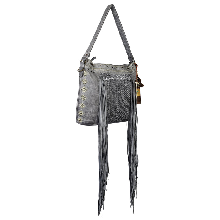 Mages Designer Bag: Grey leather woven hobo with metallic embroidery and fringes by Art N Vintage