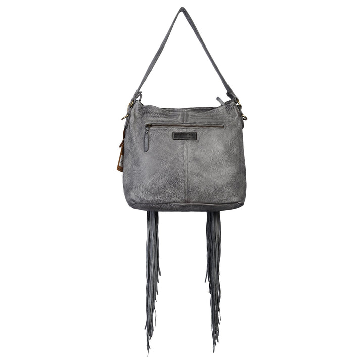 Mages Designer Bag: Grey leather woven hobo with metallic embroidery and fringes by Art N Vintage