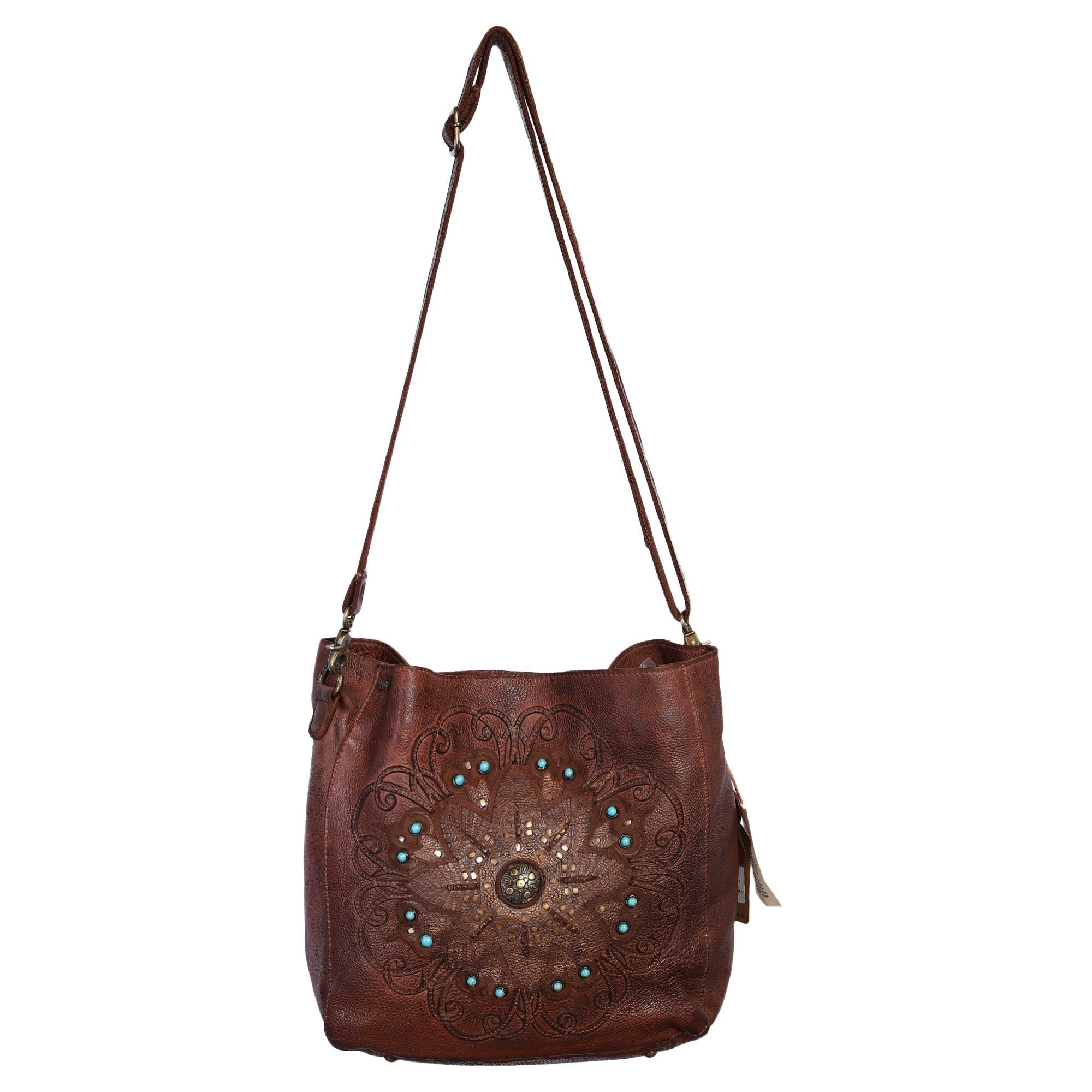 Shakti Designer Bag: Cognac leather shoulder bag with blue stone mandala by Art N Vintage