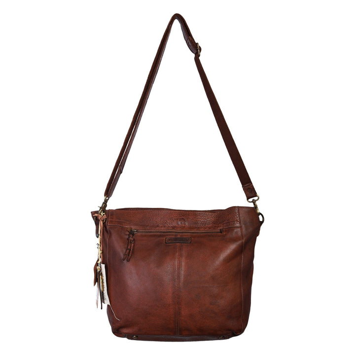 Shakti Designer Bag: Cognac leather shoulder bag with blue stone mandala by Art N Vintage