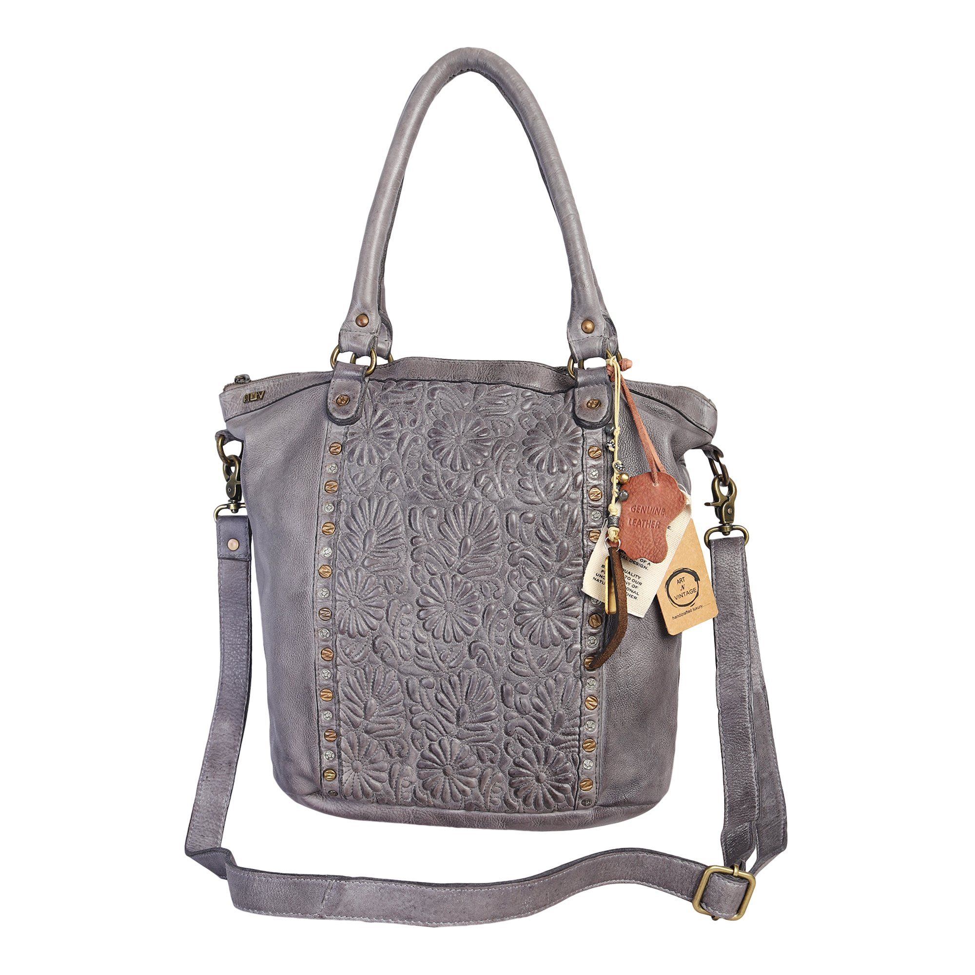 Fiori Designer Bag: Grey leather shopper with embroidery by Art N Vintage