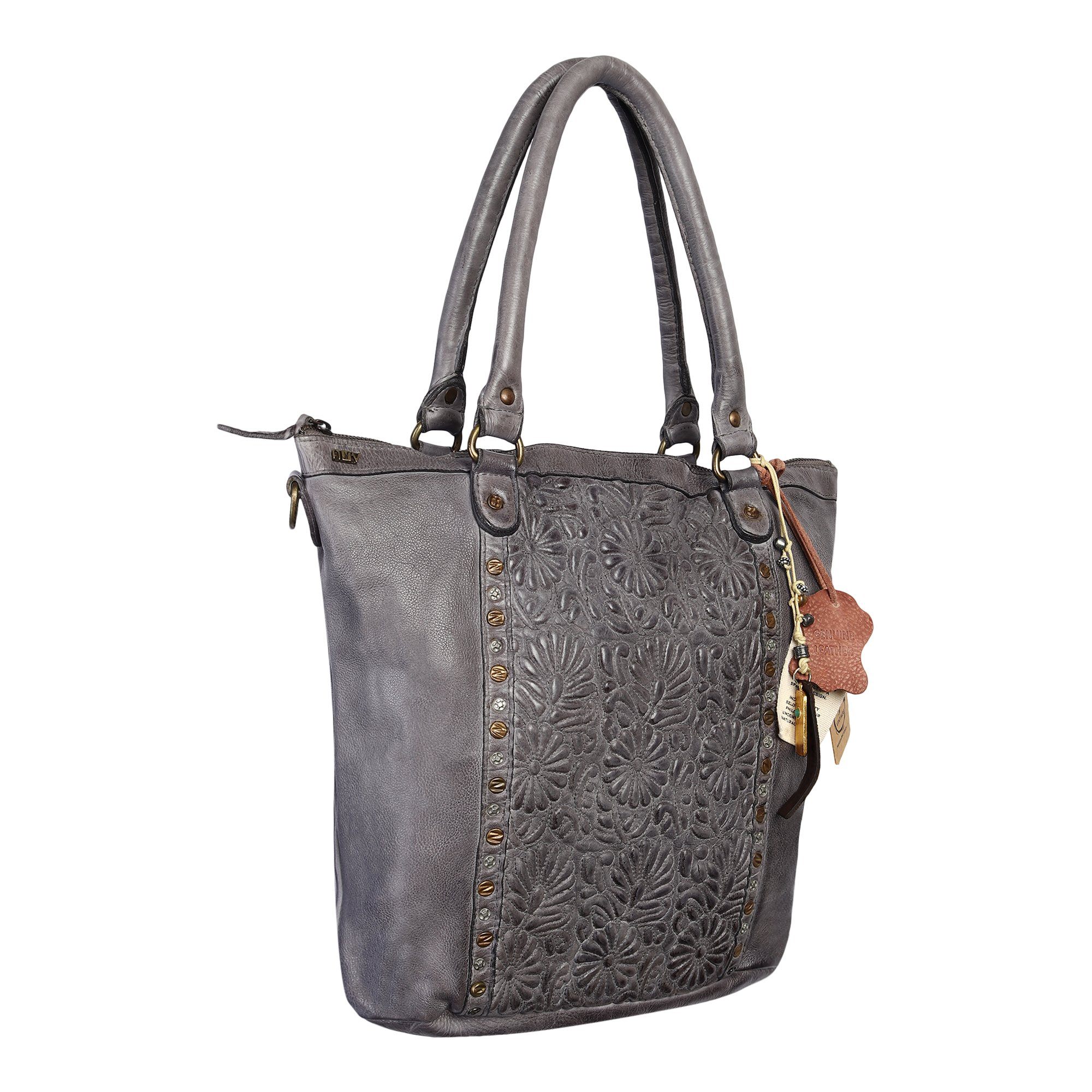 Fiori Designer Bag: Grey leather shopper with embroidery by Art N Vintage