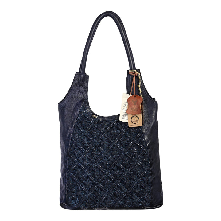 Mauch Designer Bag: Navy blue leather shopper with macrame weaving by Art N Vintage