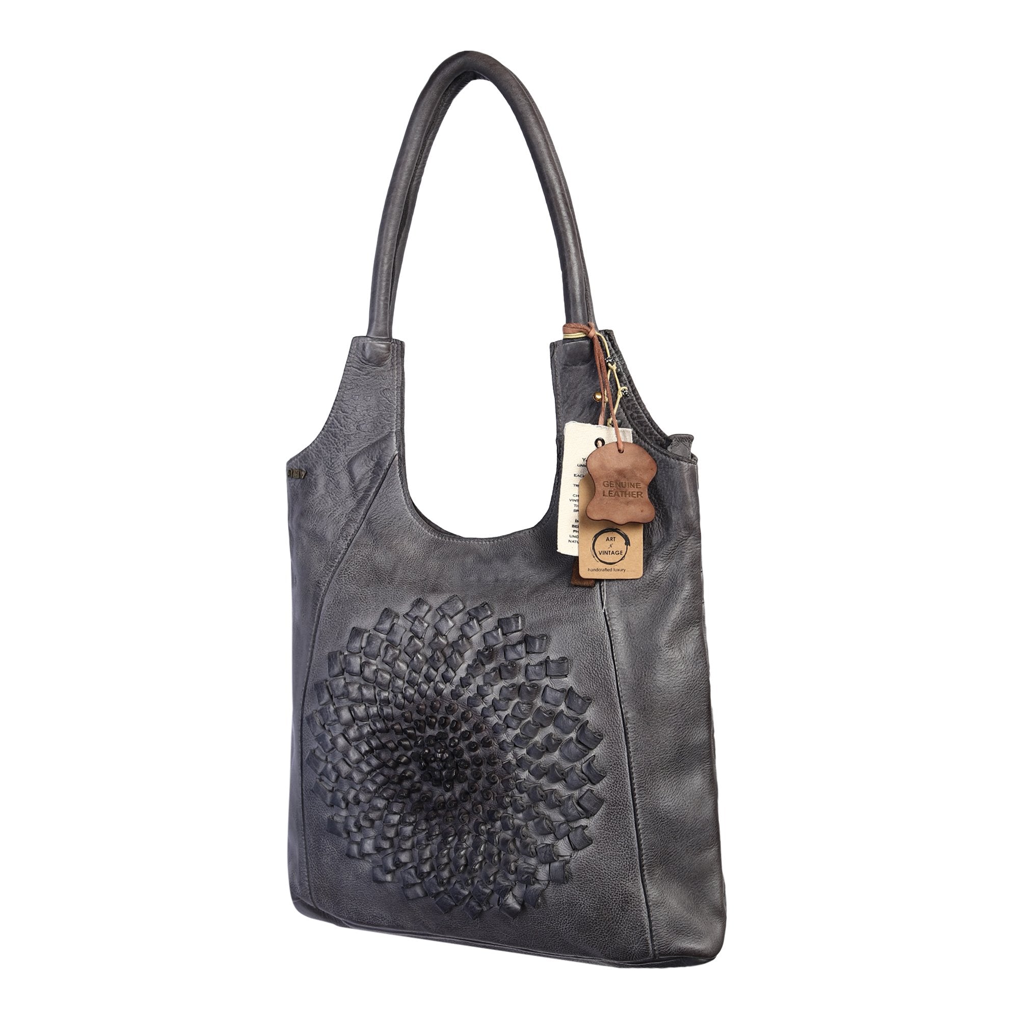 Glory Designer Bag: Grey leather shopper with 3-D ombre flower deatil by Art N Vintage