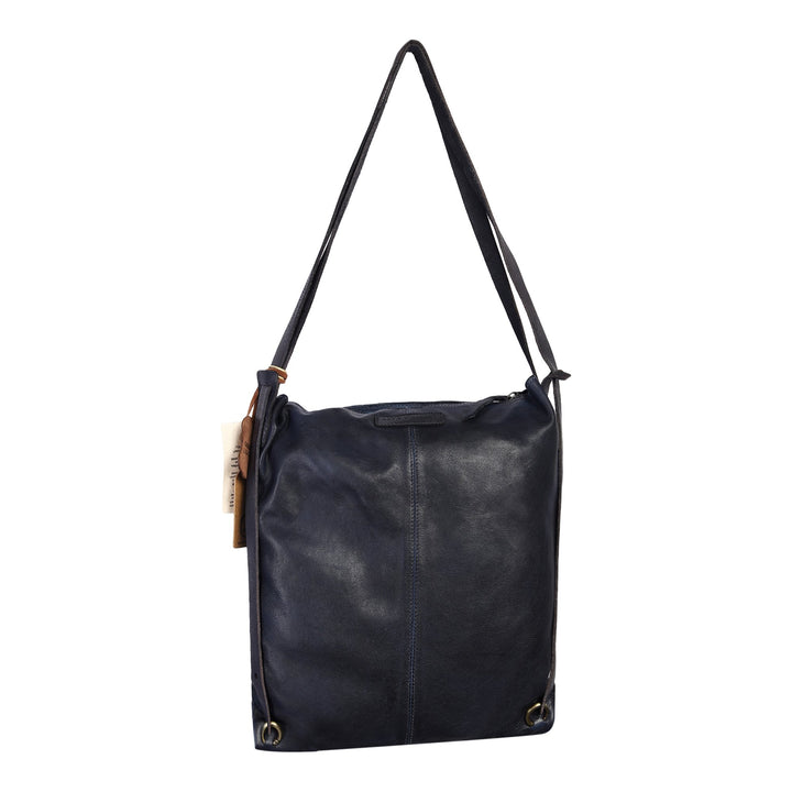 Meyer Designer Bag: Navy blue leather shopper cum backpack with macrame weaving by Art N Vintage