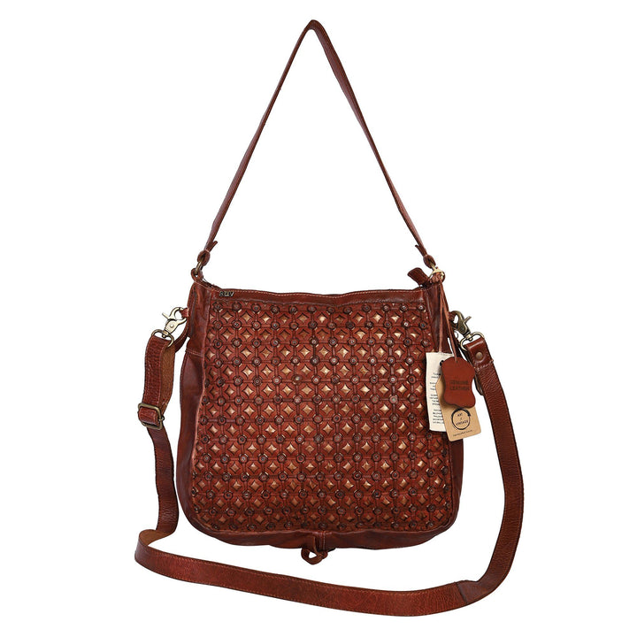 Tesoro Designer Bag: Cognac leather shoulder bag with rivet deatil by Art N Vintage