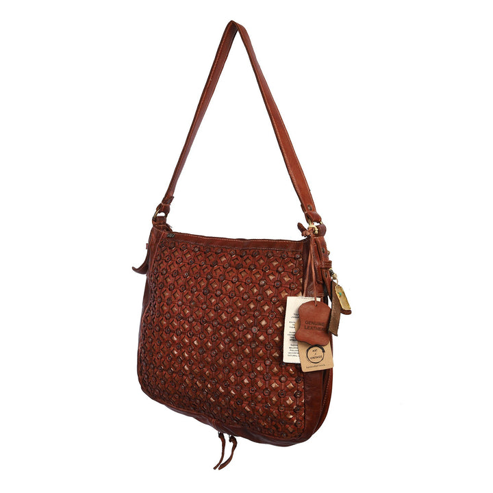 Tesoro Designer Bag: Cognac leather shoulder bag with rivet deatil by Art N Vintage