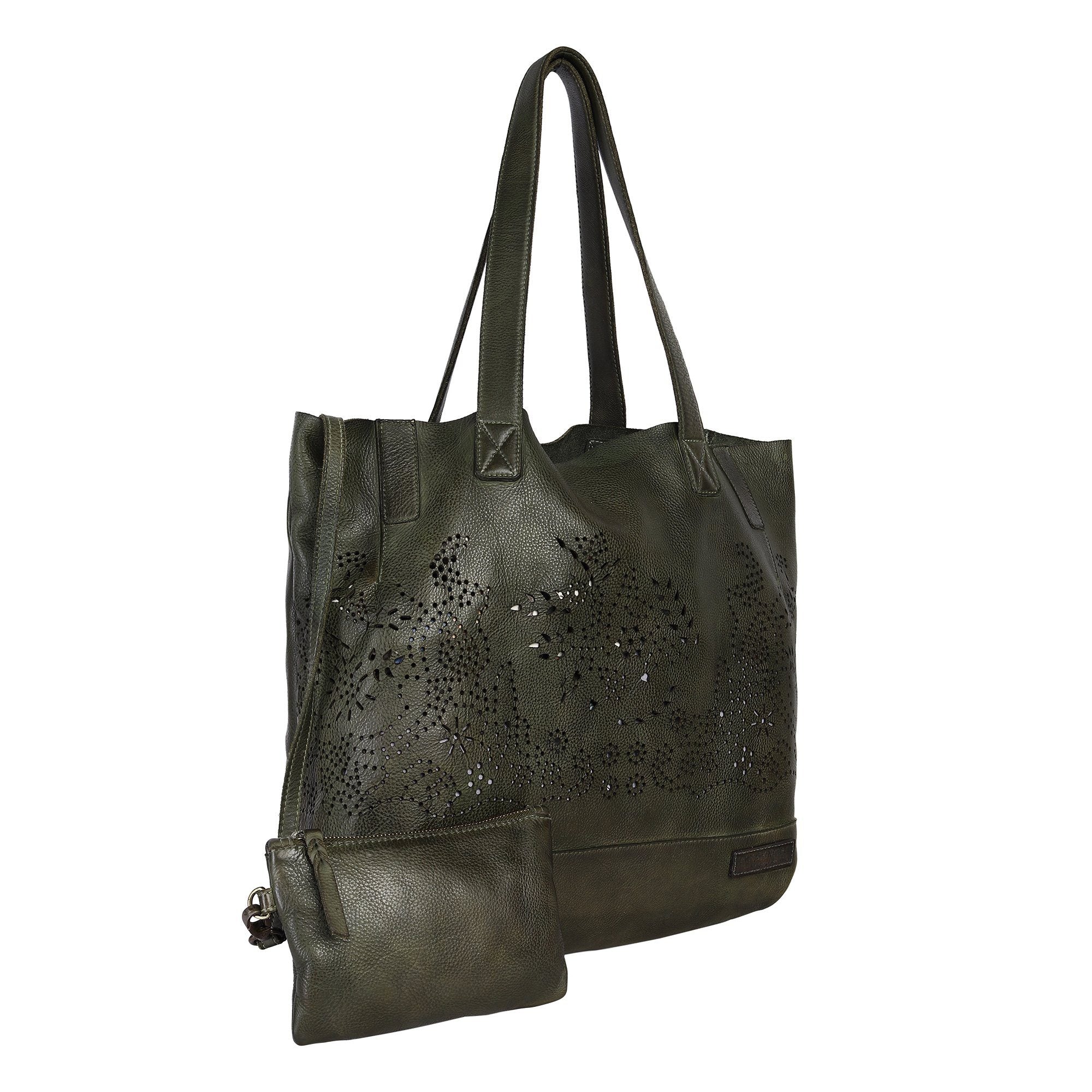 Peonia Designer Bag: Olive green leather shopper with decorative lazer cutwork by Art N Vintage