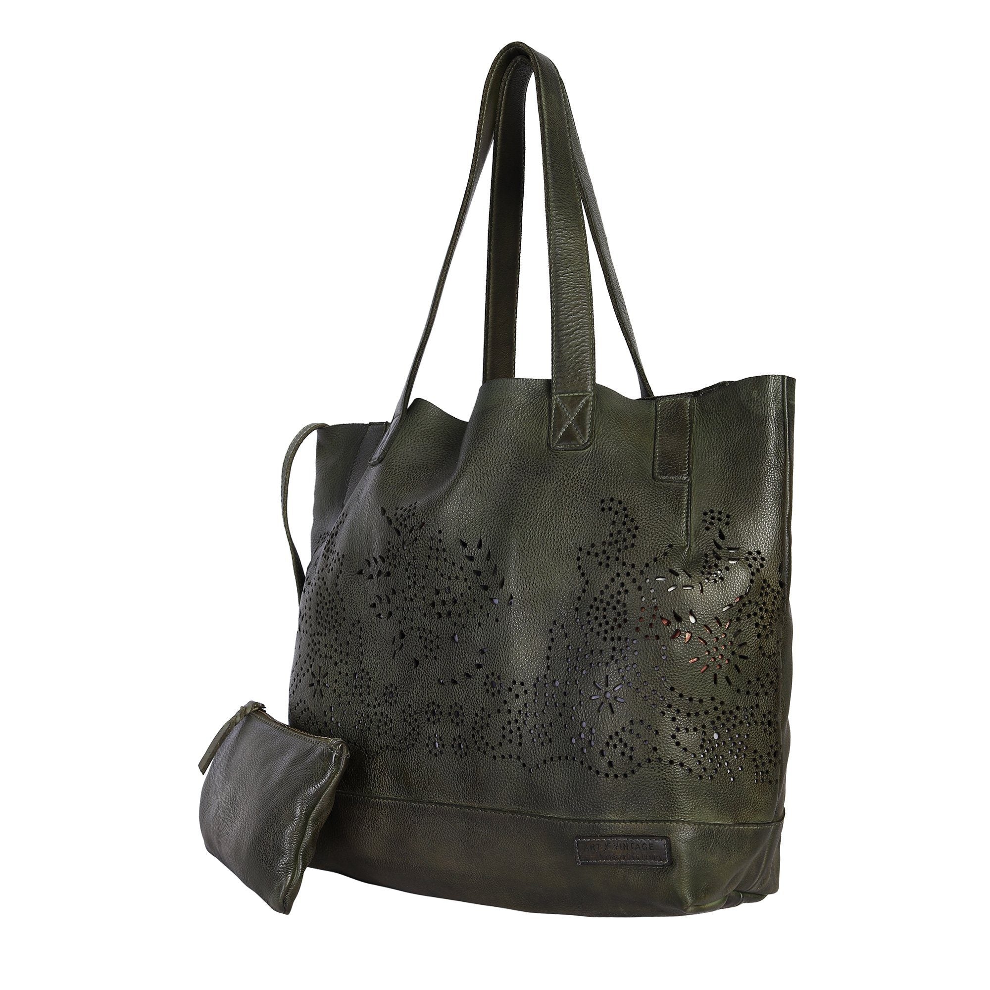 Peonia Designer Bag: Olive green leather shopper with decorative lazer cutwork by Art N Vintage