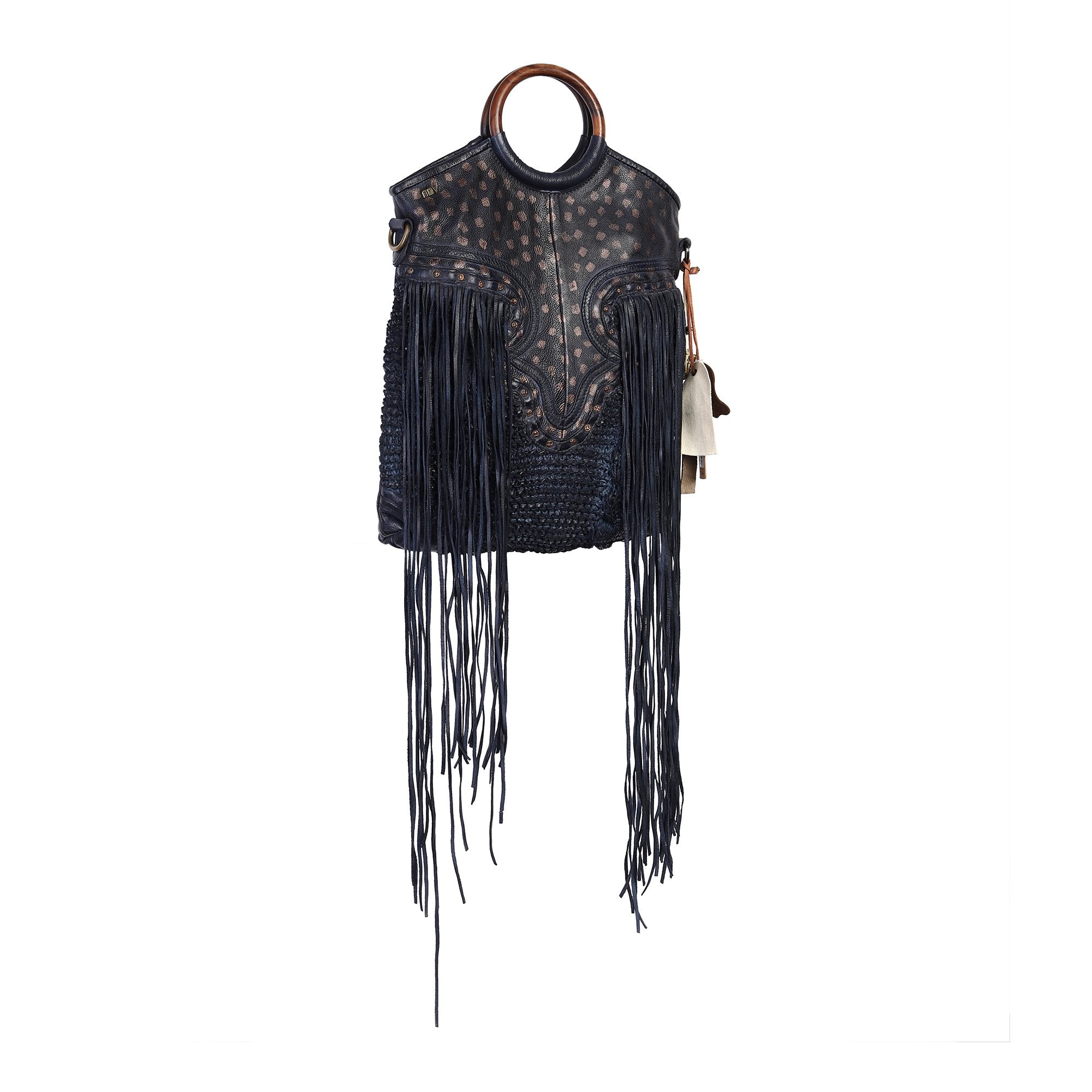 Martinka Designer Bag: Navy blue leather shopper with wooden handle with weaving, fringes and metallic print by Art N Vintage