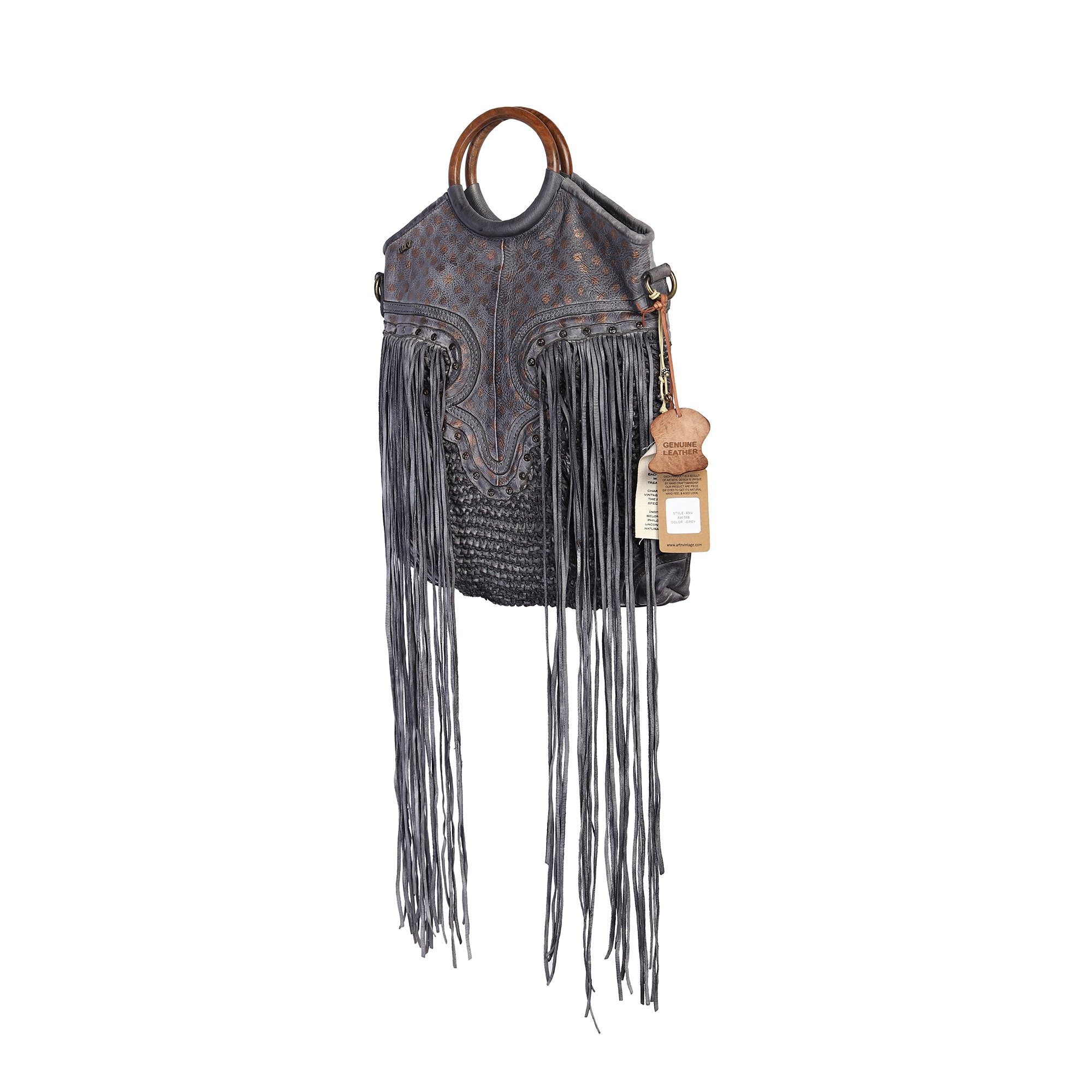 Martinka Designer Bag: Grey leather shopper with wooden handle with weaving, fringes and metallic print by Art N Vintage