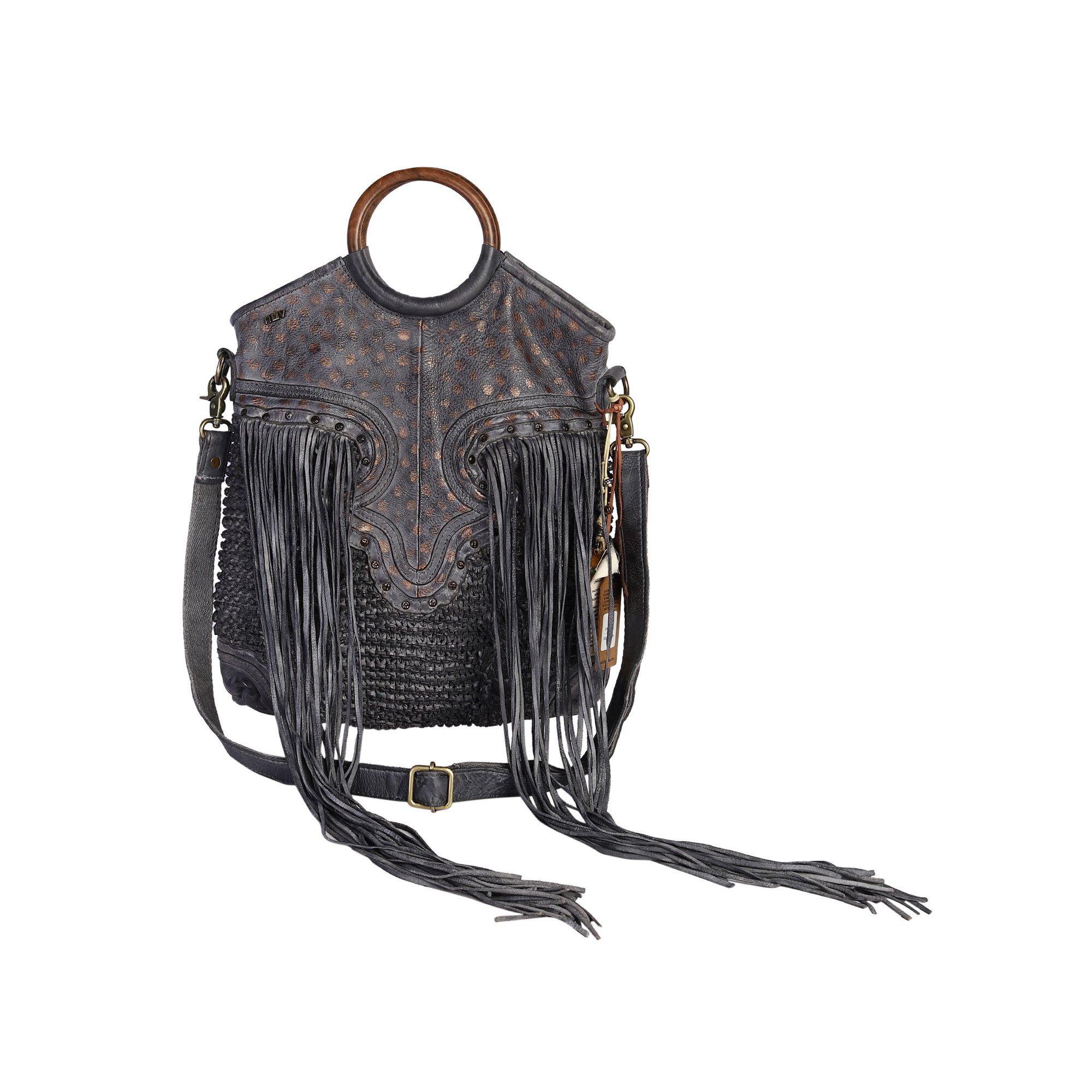 Martinka Designer Bag: Grey leather shopper with wooden handle with weaving, fringes and metallic print by Art N Vintage