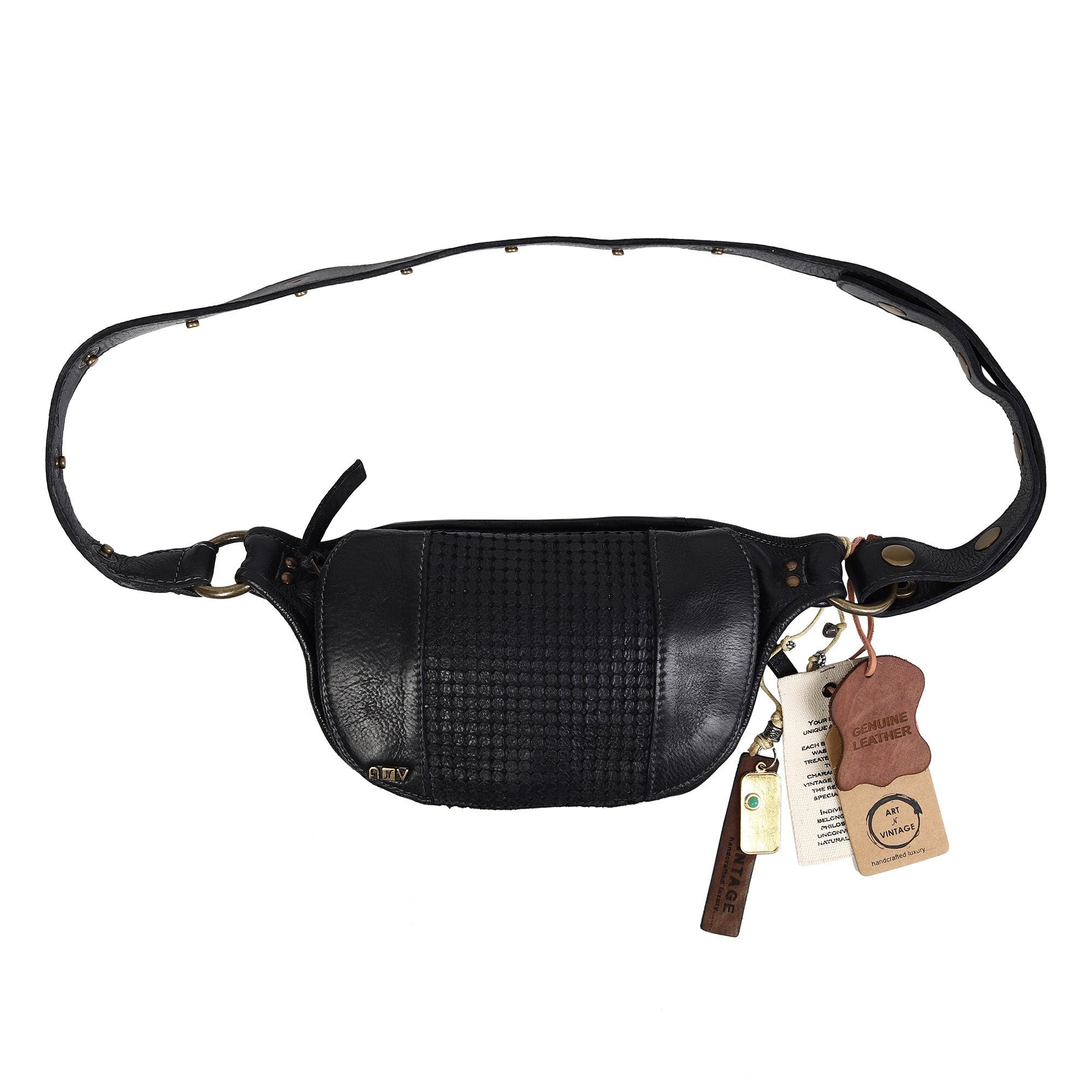 Rover Designer Bag:  Black leather waist pouch with perforation by Art N Vintage