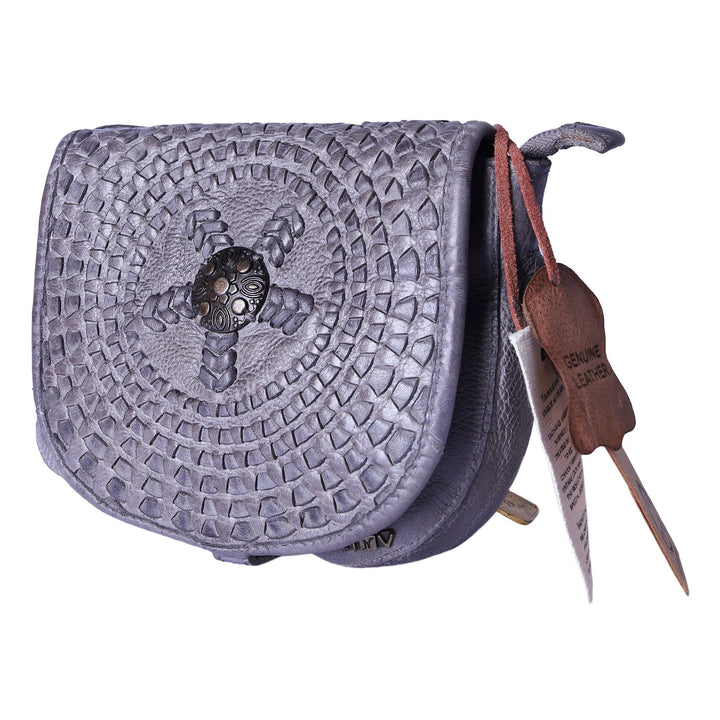 Mudra Designer Bag: Small crossbody sling in grey leather with woven mandala and stud by Art N Vintage