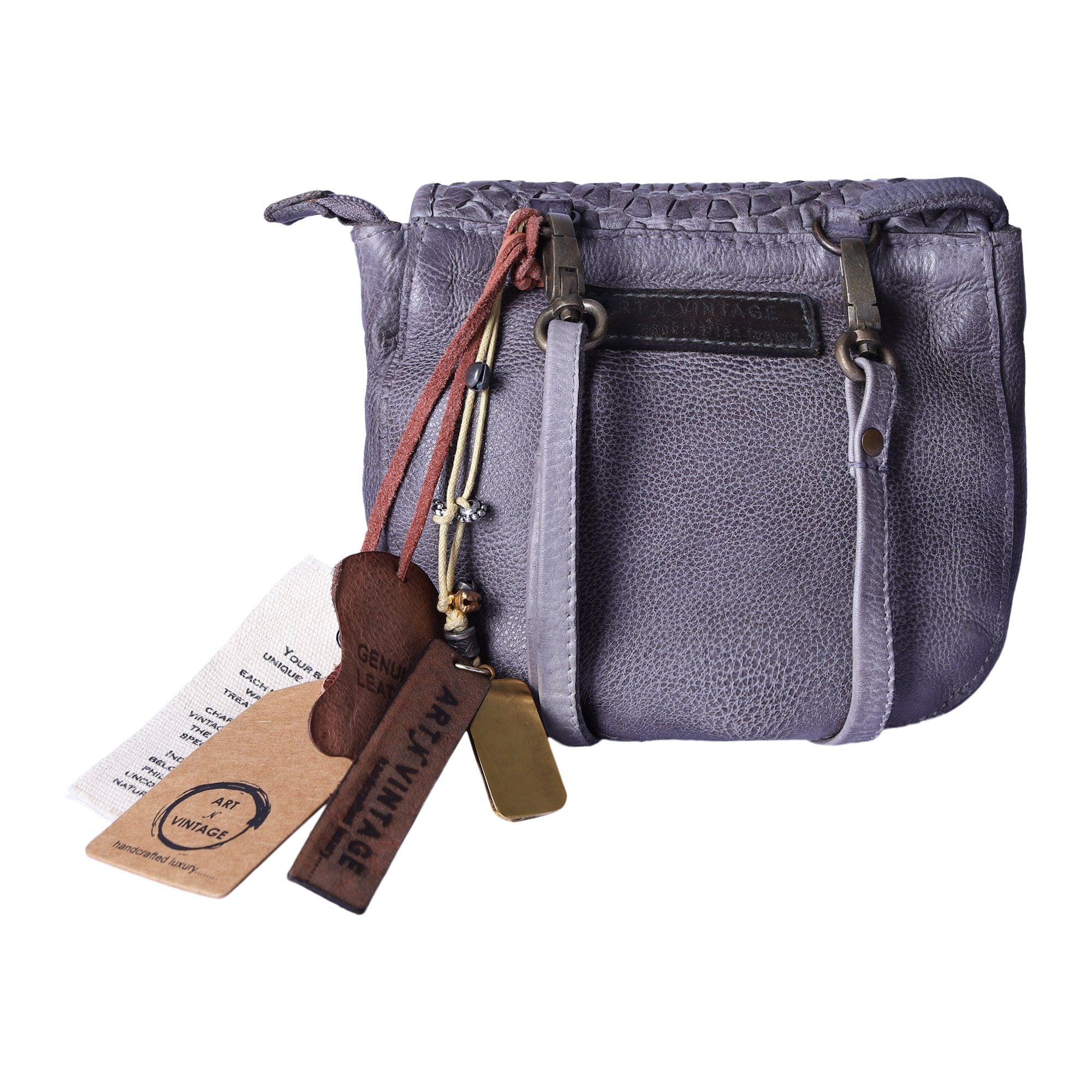 Mudra Designer Bag: Small crossbody sling in grey leather with woven mandala and stud by Art N Vintage