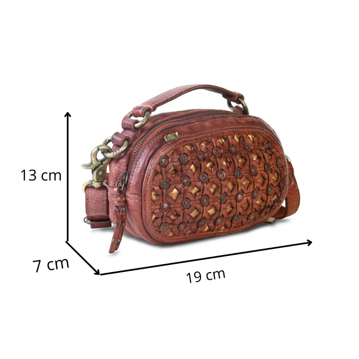 Pearl:cognac leather studded belt bag and crossbody